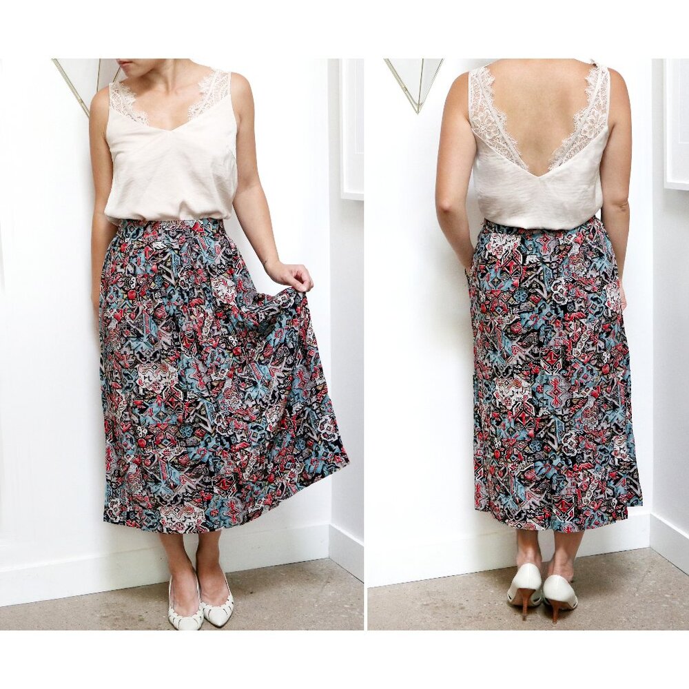80s Black, Turquoise, Red & Beige Aztec Print Skirt, Side Button Long Flowy Ikat